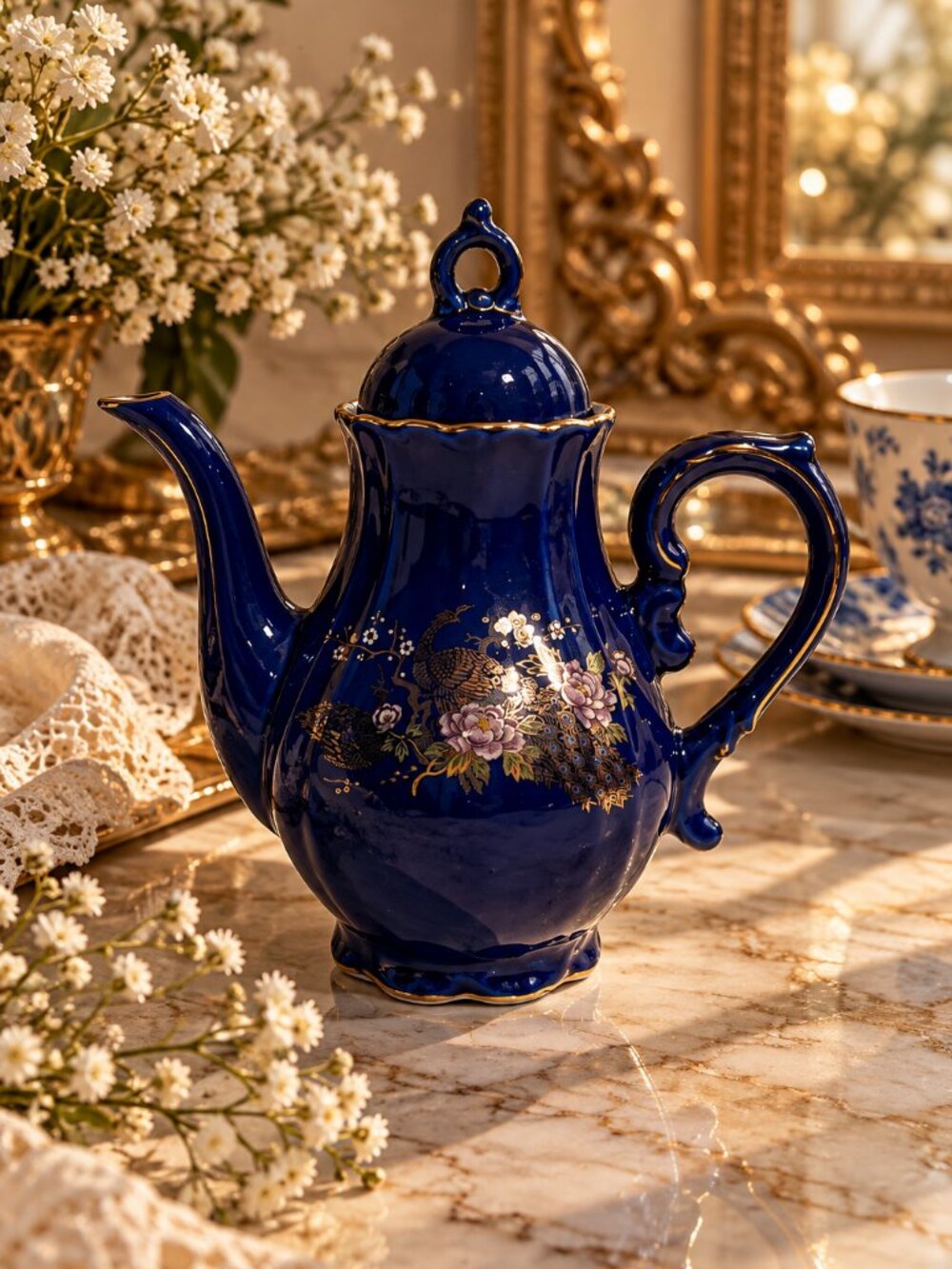 Vintage Japanese Cobalt Blue Porcelain Coffee Pot – Gold Trim & Floral Peacock D
